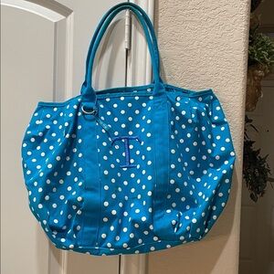 Thirty One Beach Bag Bright Blue White Polka Dot Tote Bag Purse Initial~T *stain